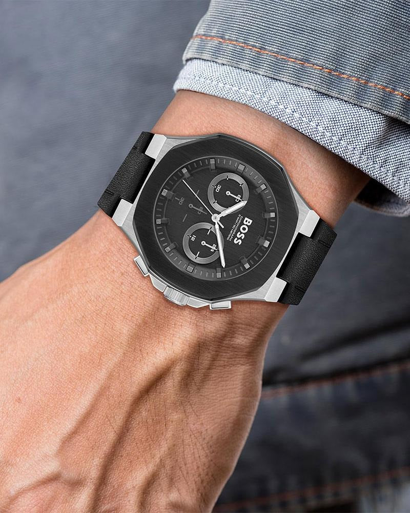 Boss Taper Men's Quartz Black Dial Chronograph Leather Watch 1514085