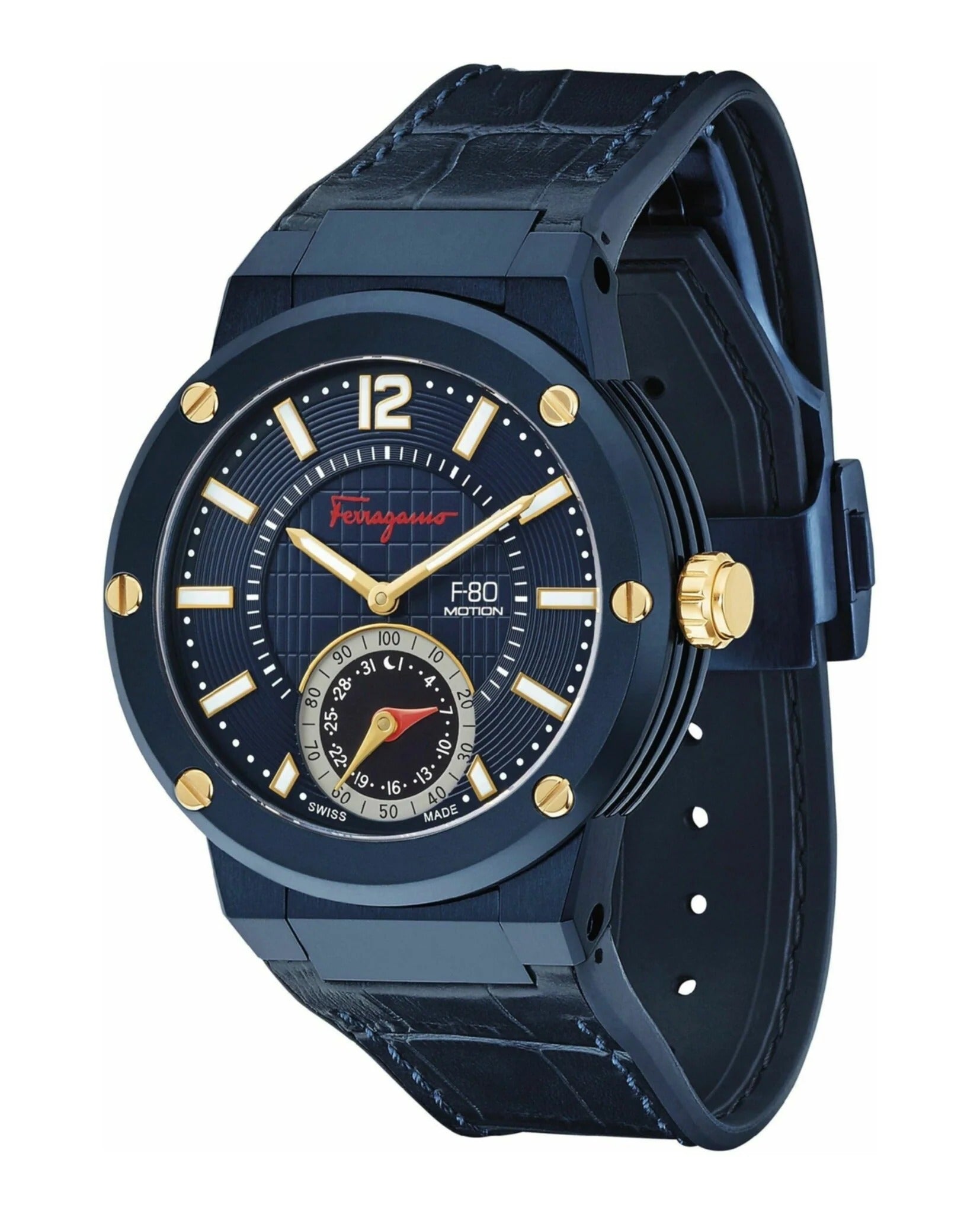 Salvatore Ferragamo F-80 Quartz Men's Watch Blue Dial Black Leather Strap Swiss Made FAZ010016