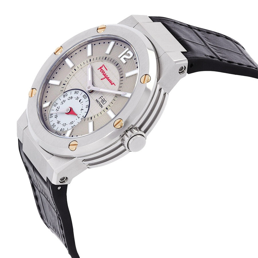 Salvatore Ferragamo F-80 Motion Quartz Men's Watch Gray Dial Black Leather Strap Swiss Made FAZ040017
