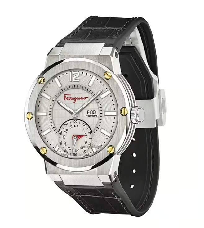 Salvatore Ferragamo F-80 Motion Quartz Men's Watch Gray Dial Black Leather Strap Swiss Made FAZ040017