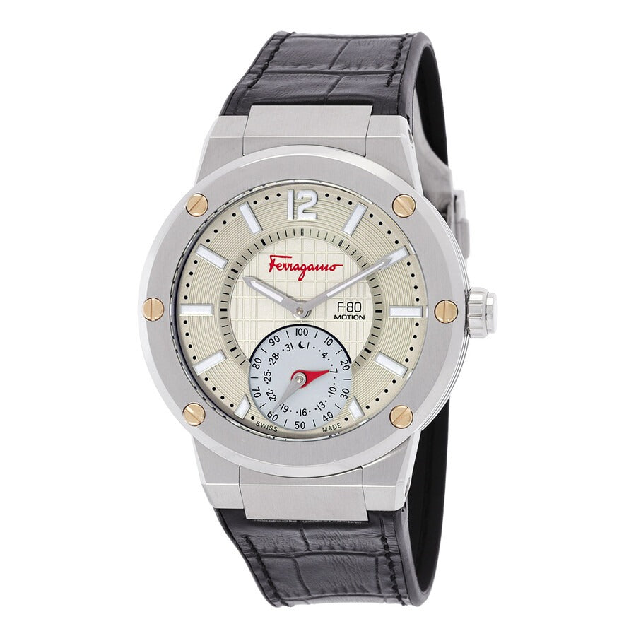 Salvatore Ferragamo F-80 Motion Quartz Men's Watch Gray Dial Black Leather Strap Swiss Made FAZ040017