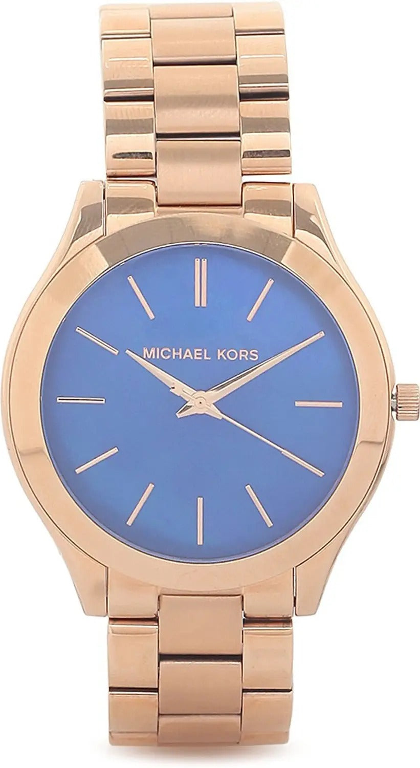 Michael Kors Slim Runway Blue Dial Rose Gold-Tone Bracelet Watch for Women (MK3494)