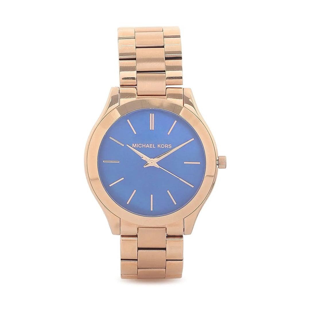Michael Kors Slim Runway Blue Dial Rose Gold-Tone Bracelet Watch for Women (MK3494)