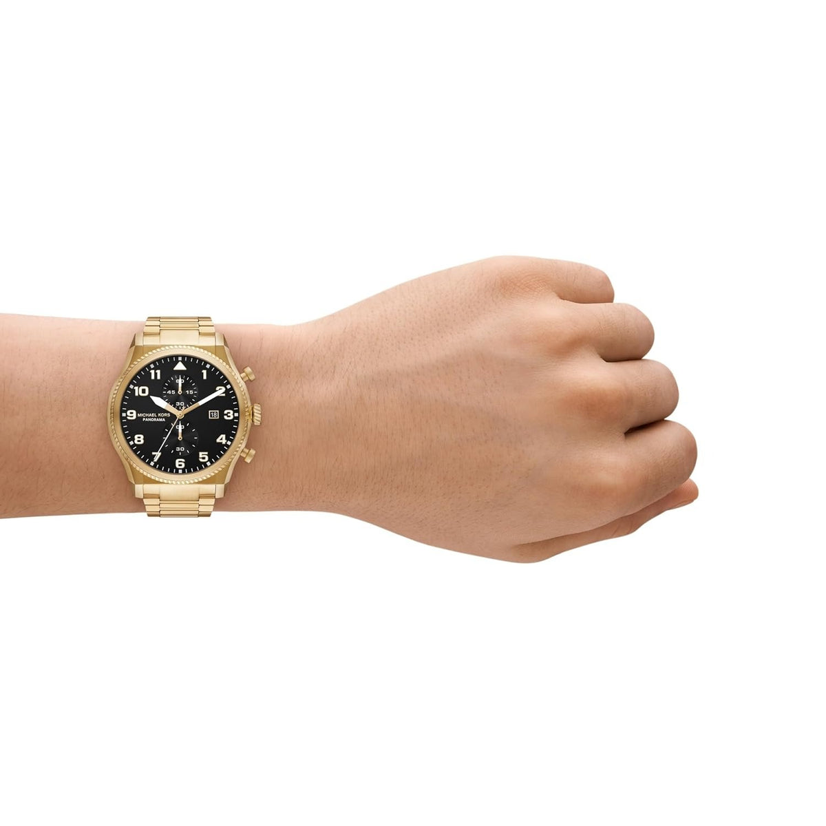Michael Kors Panorama Quartz Chronograph Black Dial Gold-Tone H-Link Bracelet Men's Watch - MK9195