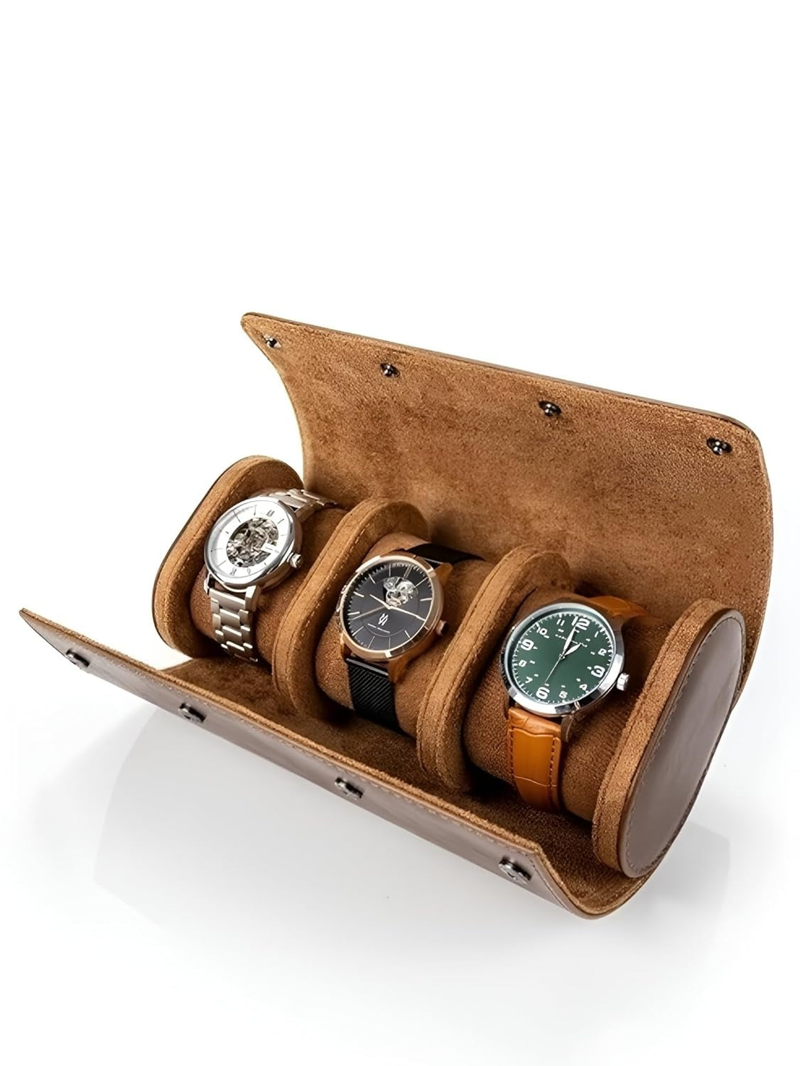 Luxury 3 Slot Leather Watch Roll Case – Premium Travel Watch Organizer for Men & Women – Brown