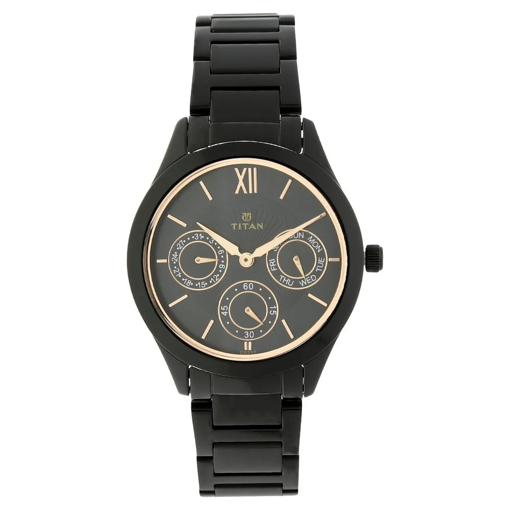 Titan Quartz Analog with Day and Date Black Dial Stainless Steel Strap Watch for Women - NT2570NM01