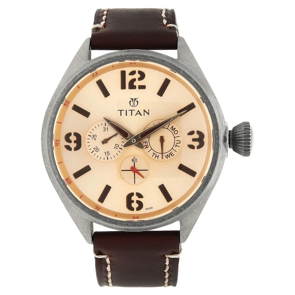 Titan Quartz Analog with Day and Date Champagne Dial Leather Strap Watch for Couple - NU15802490YL05