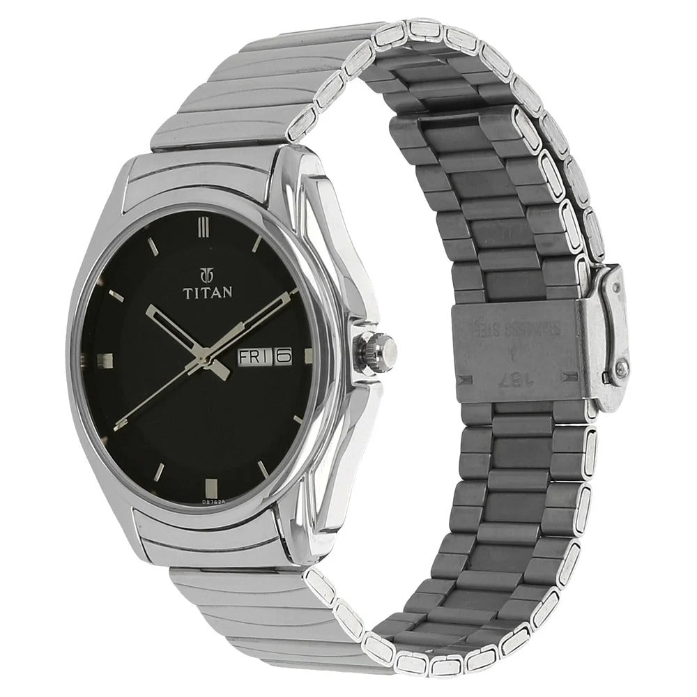 Titan Quartz Analog with Day and Date Black Dial Stainless Steel Strap Watch for Men - 38 mm Case Size - Medium Dial - NU1578SM04