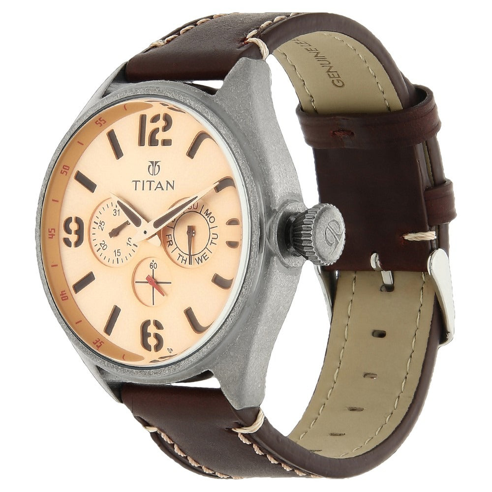 Titan Analog with Date Rose Gold Dial Leather Strap watch for Men - 9478QL04J