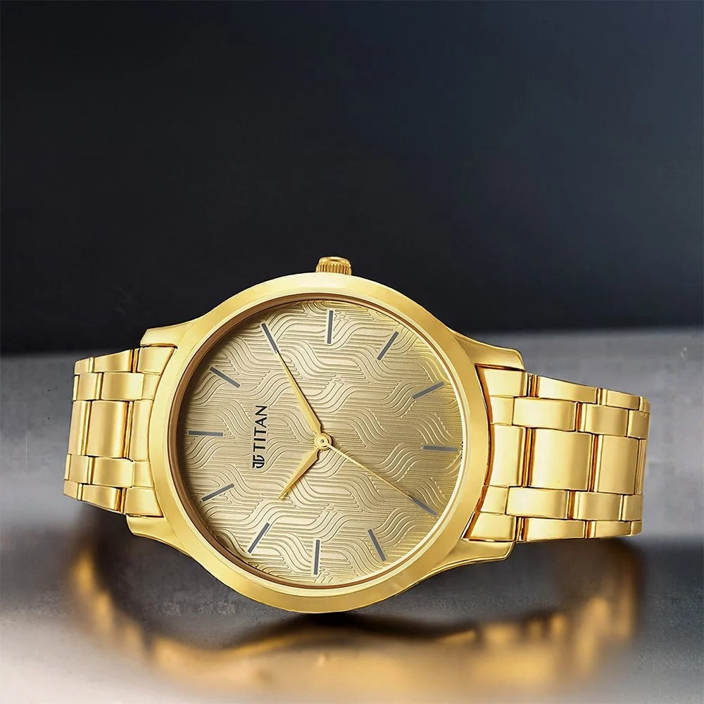 Titan Karishma Quartz Analog Champagne Round Dial Golden Stainless Steel Strap Watch For Men - NU1825YM03