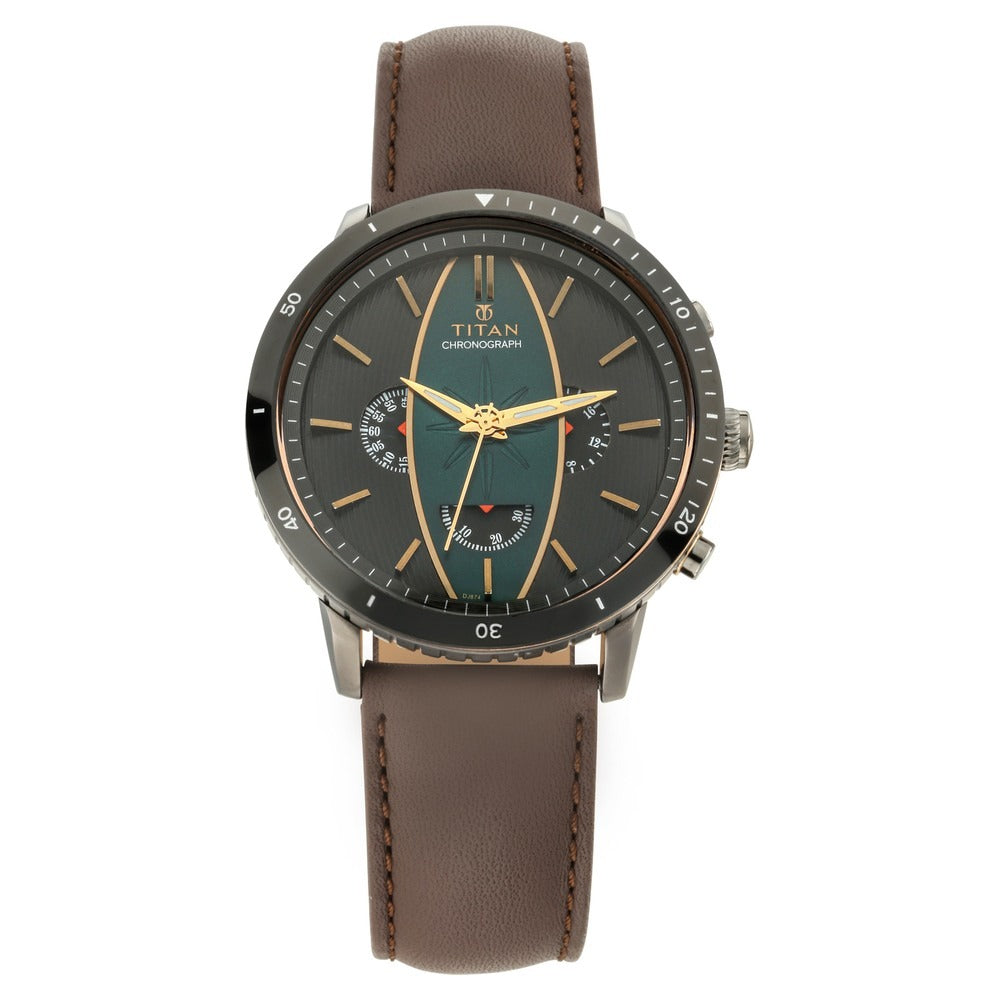 Titan Quartz Chronograph Green Dial Leather Strap Watch for Men - NQ1832KL01