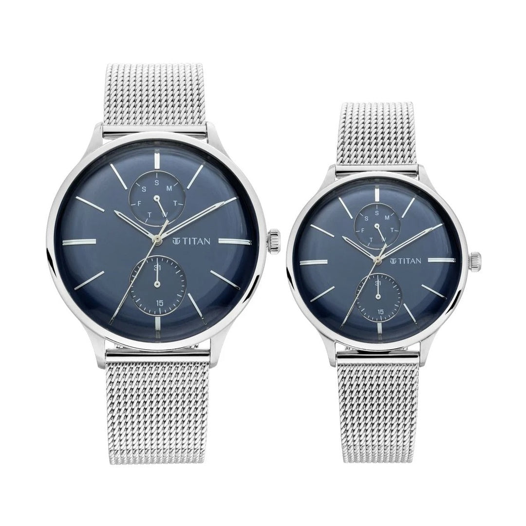 Titan Quartz Multifunction Blue Dial Stainless Steel Strap Watch for Couple - NP9400394203SM01P