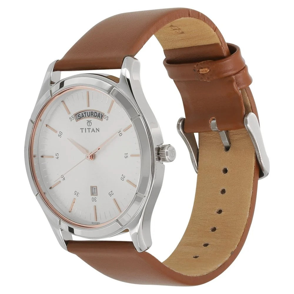 Titan On Trend White Dial Analog with Day and Date Leather Strap watch for Men - NU1767SL01