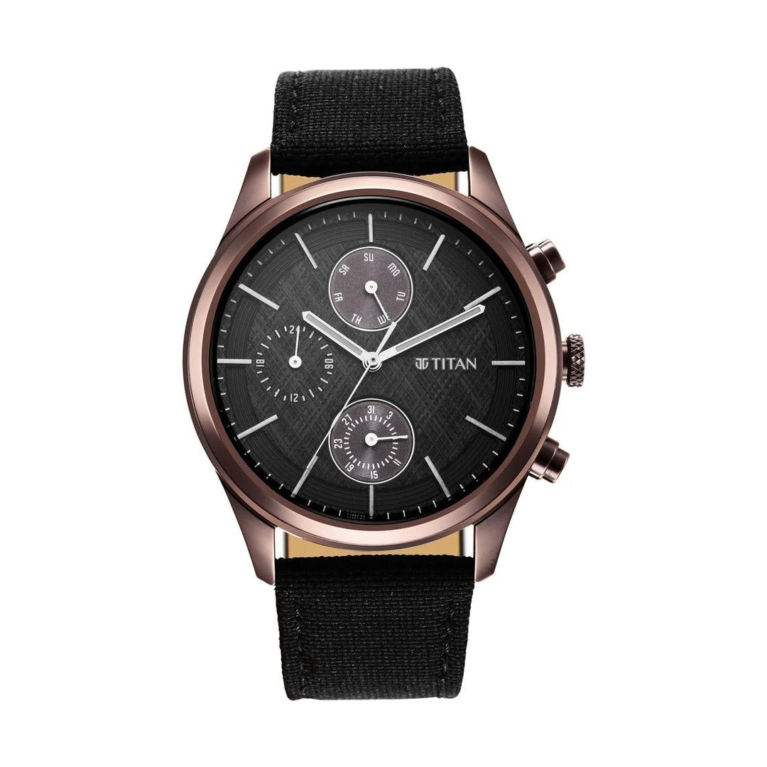 Titan Men's Infinity Chrono watch: Precise Blue Dial, Rose Gold Highlights, Durable Leather Strap - NU1805QP01