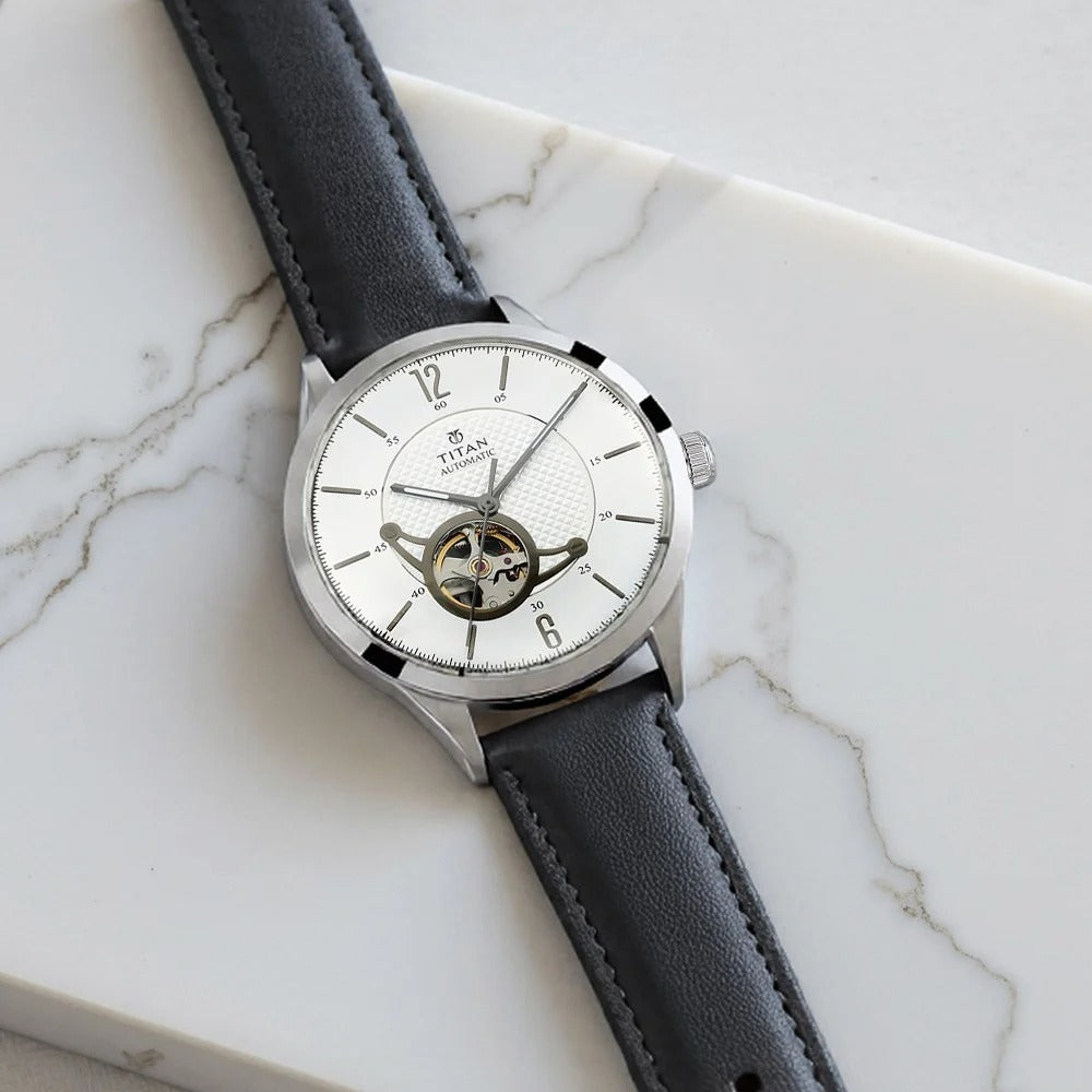 Titan Automatic Champagne Dial Indigo Leather Strap Watch for Men - NT90111SL01