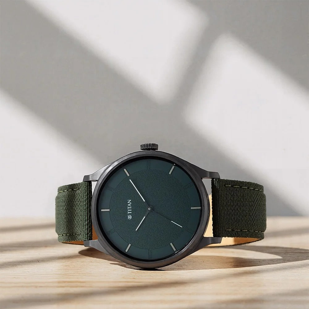 Titan Workwear Green Dial Analog Leather Strap Watch for Men - NU1802NL02