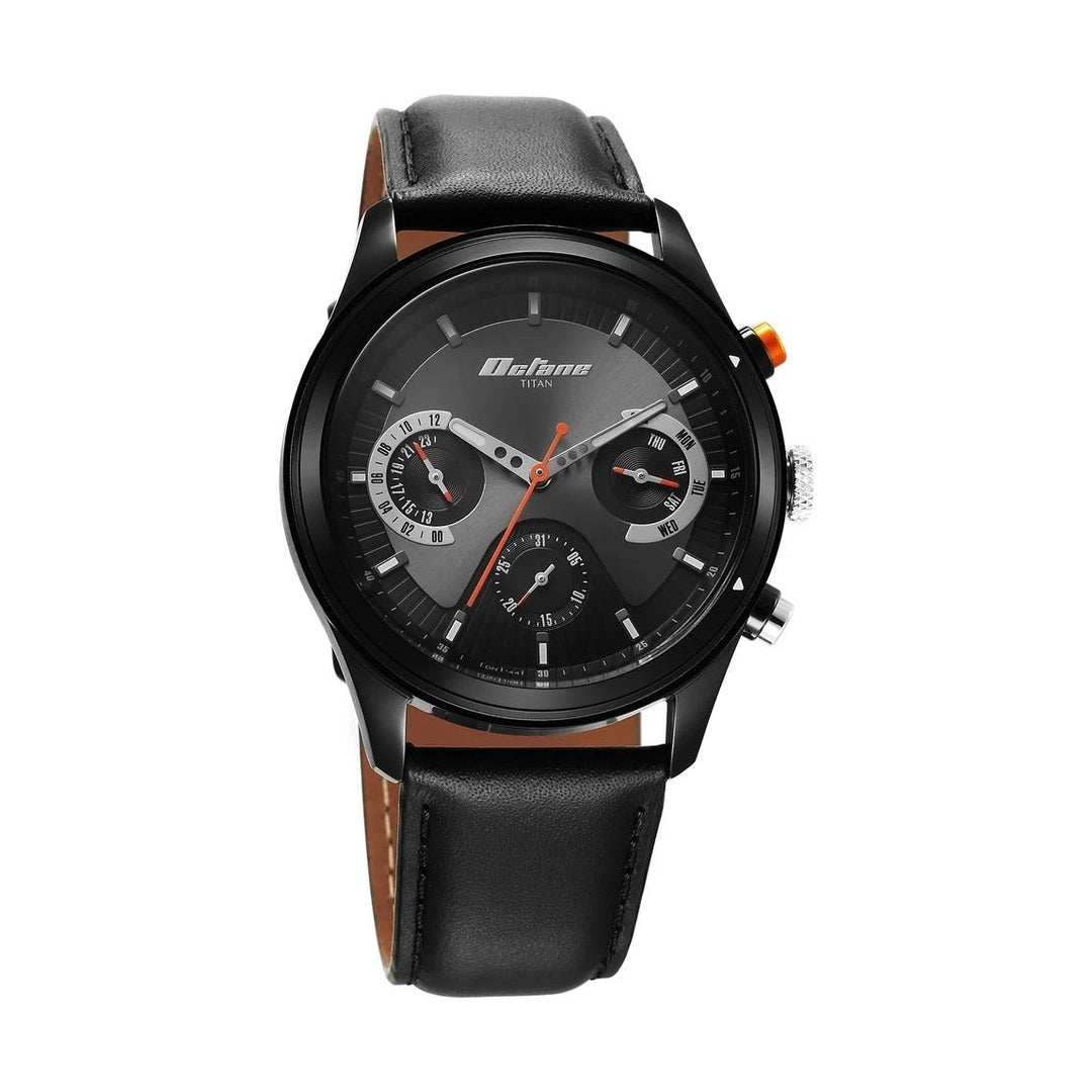 Titan Octane Quartz Multifunction Black Dial With Black Leather Strap Watch For Men - NU1805KL02