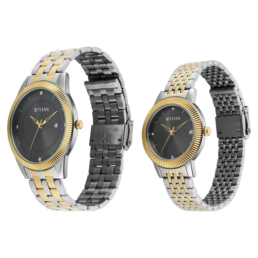Titan Bandhan Eternal Pair Analog with Date and Gun Dial Dual Tone Stainless Steel Strap Watch for Couples - 19682968BM01