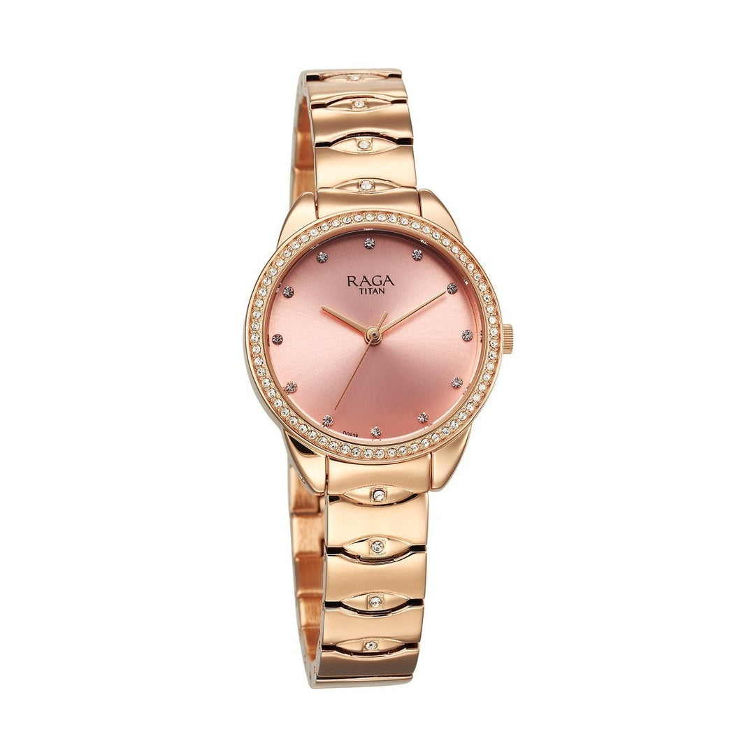 Titan Raga Showstopper Quartz Analog Pink Round Dial Rose Gold Metal Strap Watch For Women - NU95281WM01