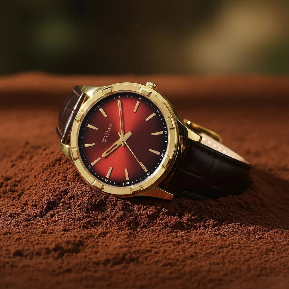 Titan Karishma Festive Analog with Mahogany Brown Dial Brown Leather Strap Watch for Men - 10058YL01