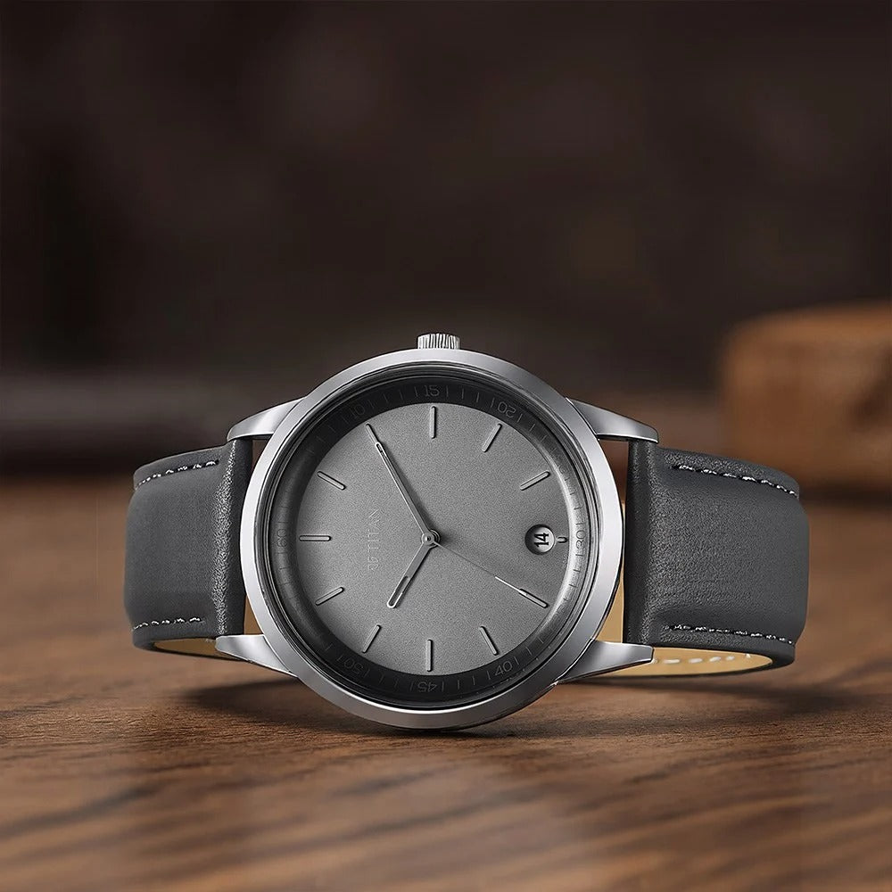 Titan Wrist Wit Quartz Analog with Date Grey Dial Leather Strap Watch for Men - 81806SL13