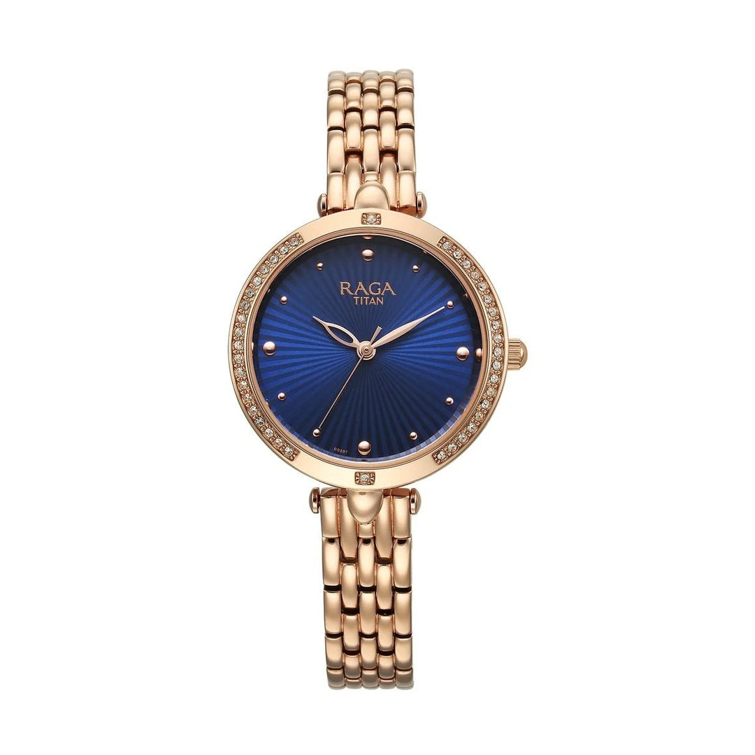 Titan Raga Showstopper Quartz Analog Blue Dial Rose Gold Metal Strap Watch For Women - NU95266WM01