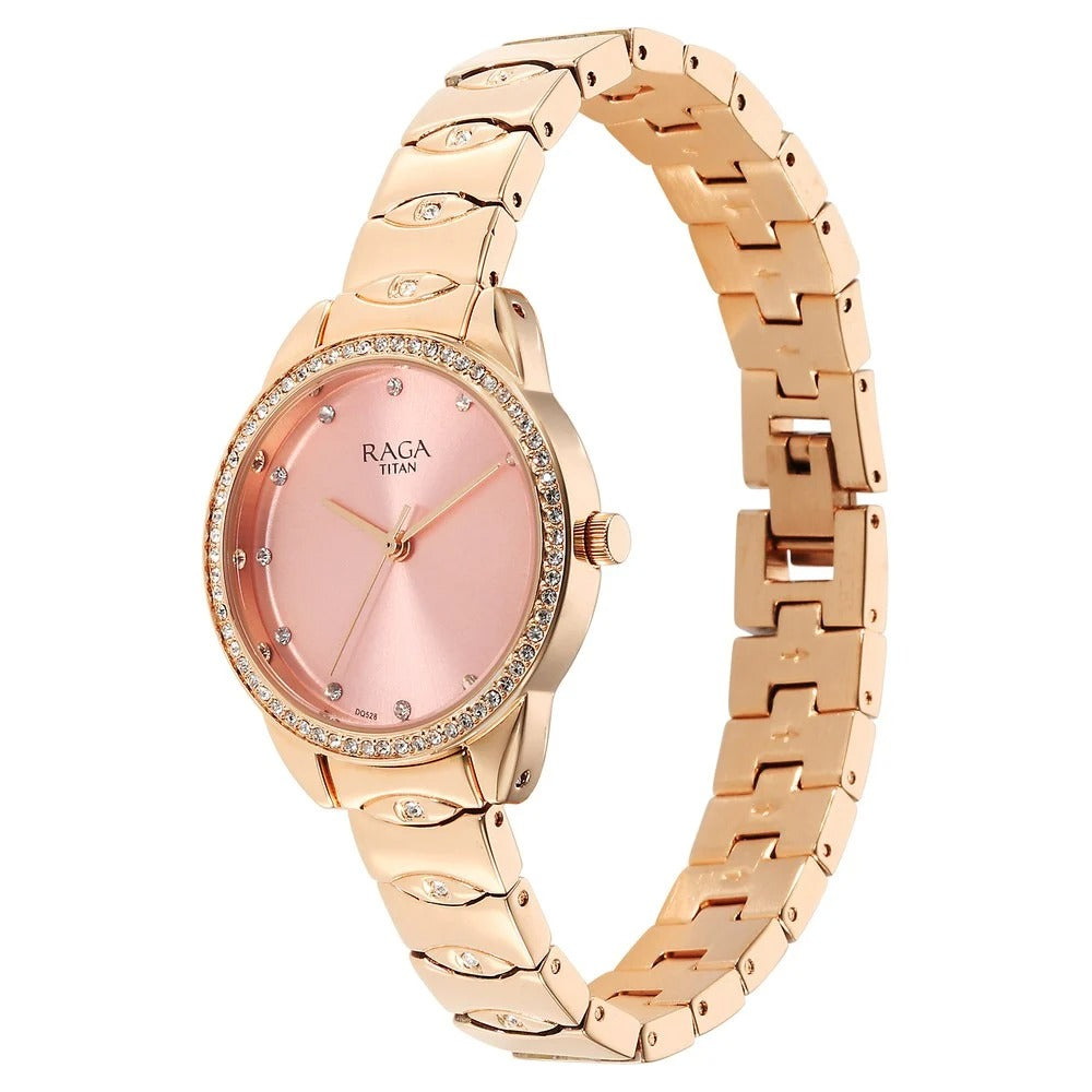 Titan Raga Showstopper Quartz Analog Pink Round Dial Rose Gold Metal Strap Watch For Women - NU95281WM01