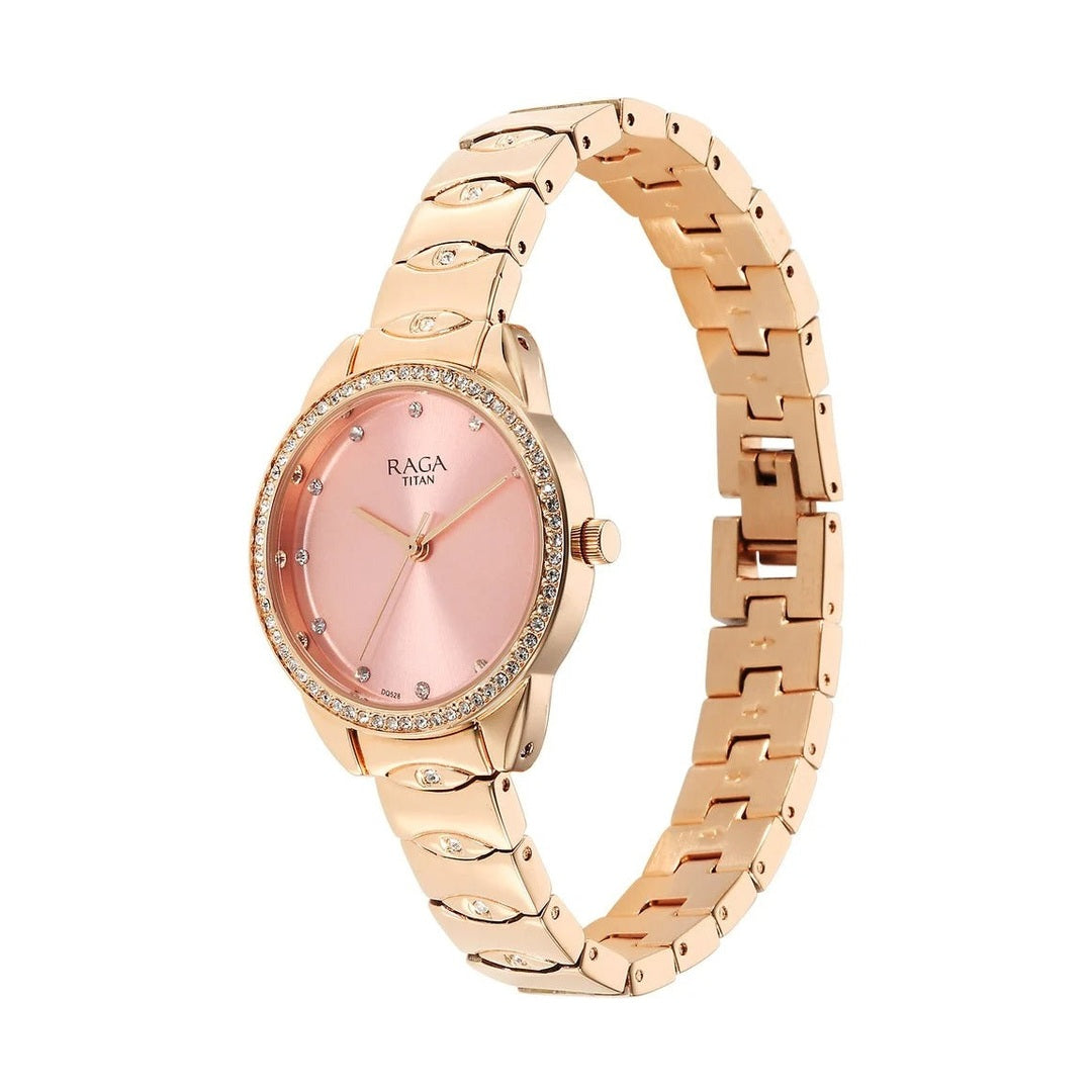 Titan Raga Showstopper Quartz Analog Pink Round Dial Rose Gold Metal Strap Watch For Women - NU95281WM01