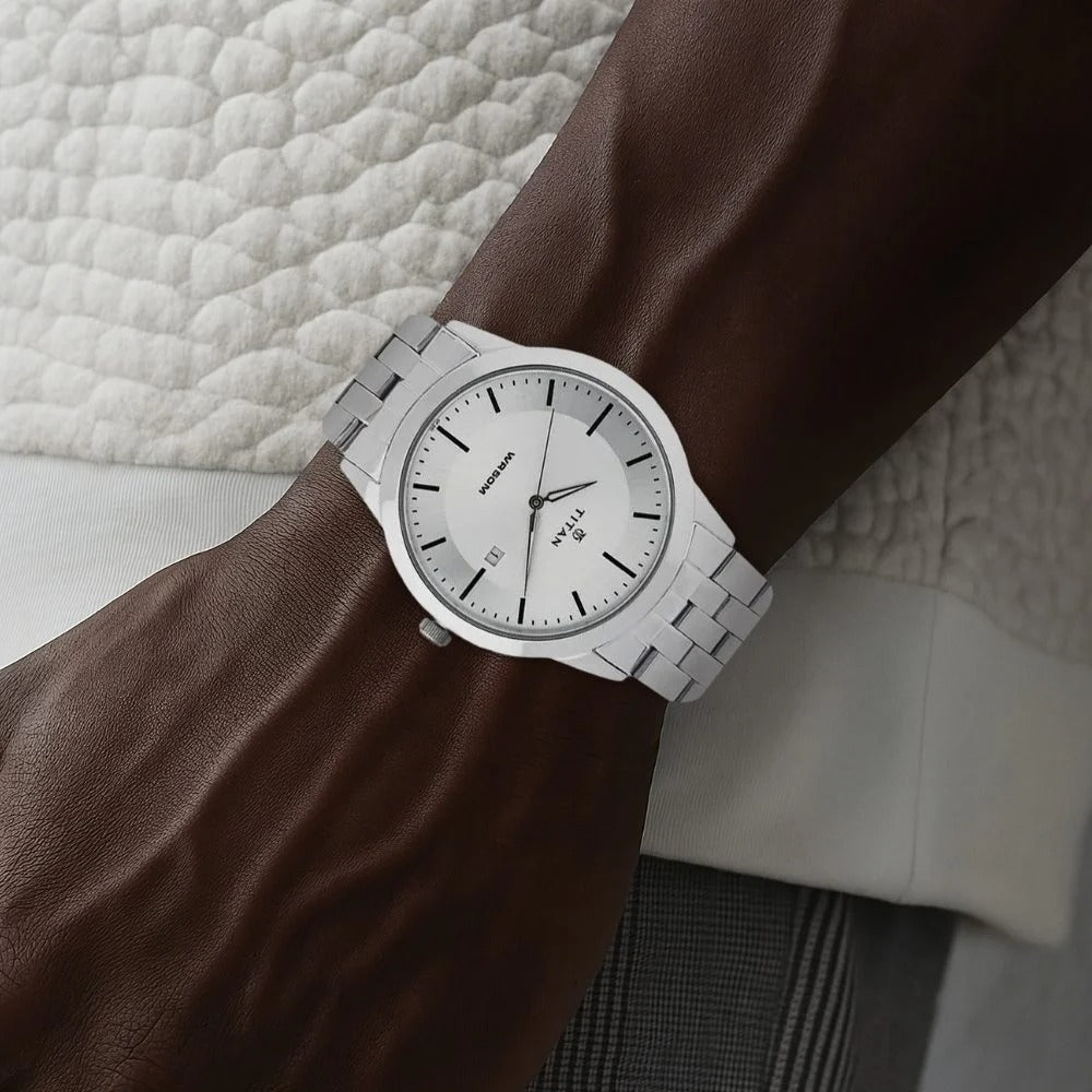 Titan Quartz Analog with Date White Dial Stainless Steel Strap Watch for Men - NU1584SM03