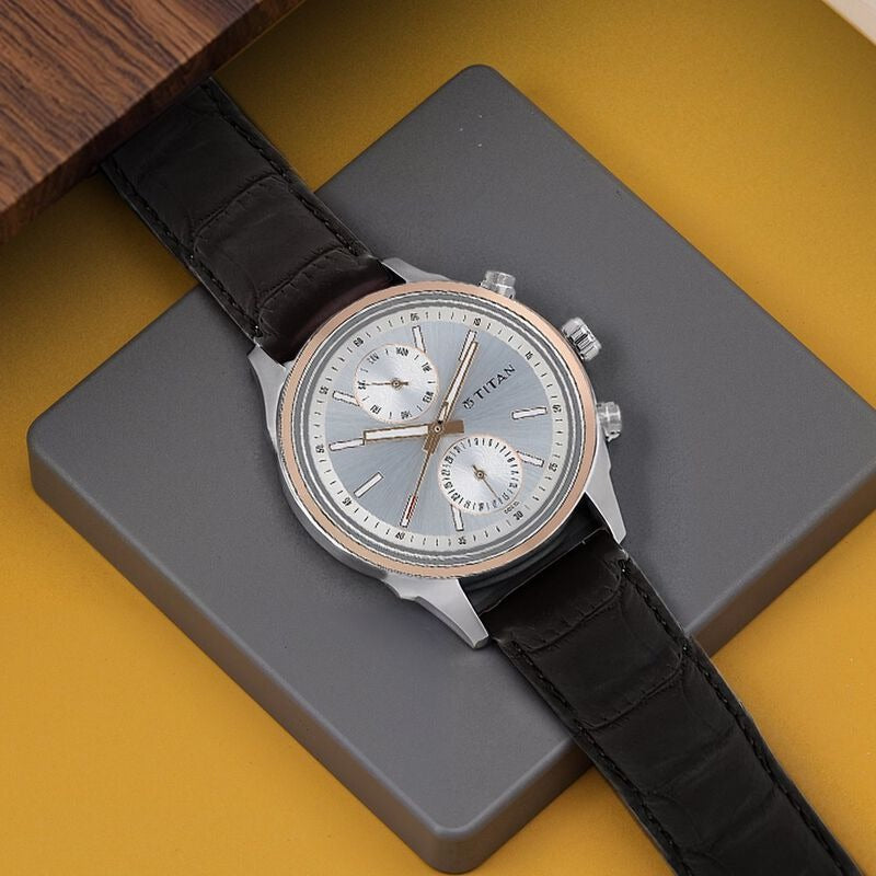 Titan Quartz Multifunction Silver Dial Leather Strap Watch for Men - NU1733KL02