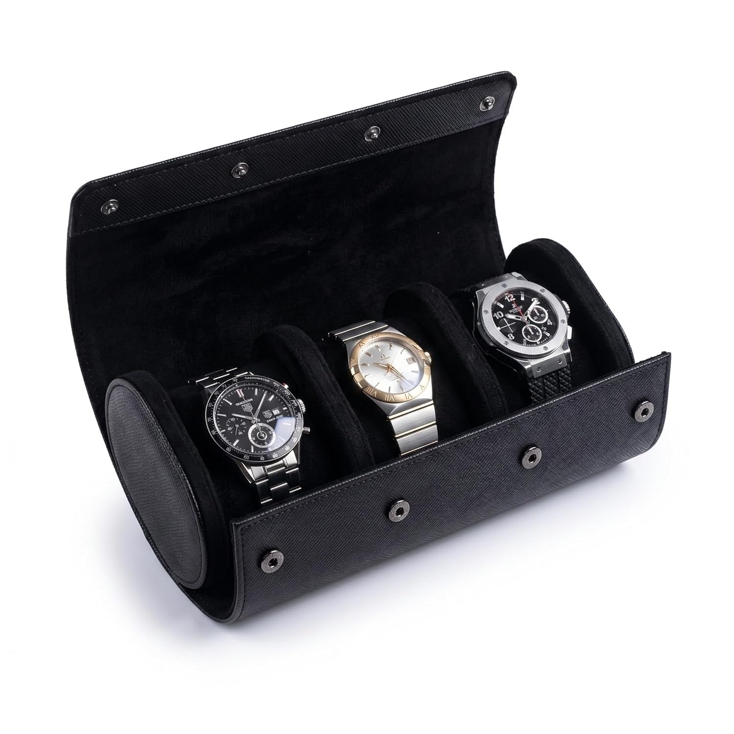 Luxury 3 Slot Leather Watch Roll Case – Premium Travel Watch Organizer for Men & Women – Black
