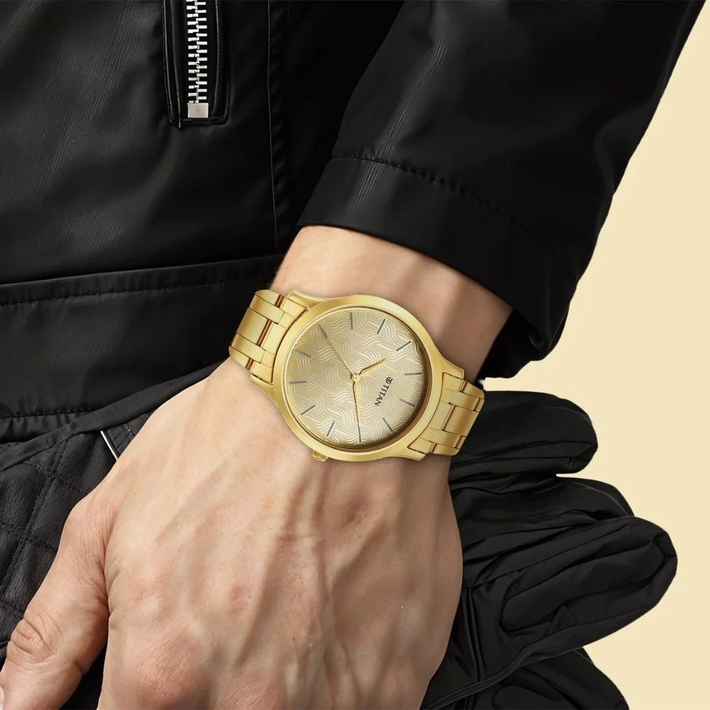 Titan Karishma Quartz Analog Champagne Round Dial Golden Stainless Steel Strap Watch For Men - NU1825YM03