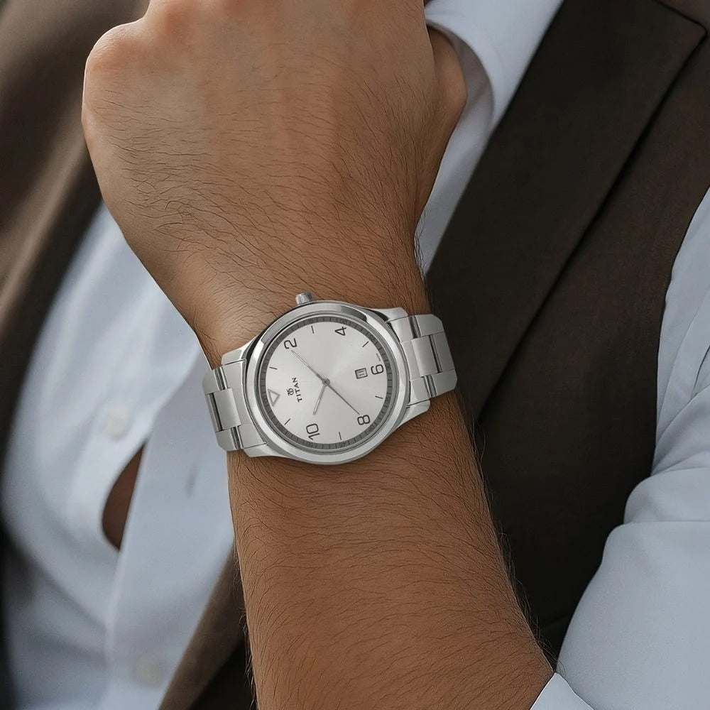 Titan Workwear White Dial Analog with Date Stainless Steel Strap watch for Men - NU1770SM01