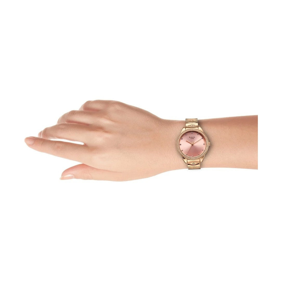 Titan Raga Showstopper Quartz Analog Pink Round Dial Rose Gold Metal Strap Watch For Women - NU95281WM01