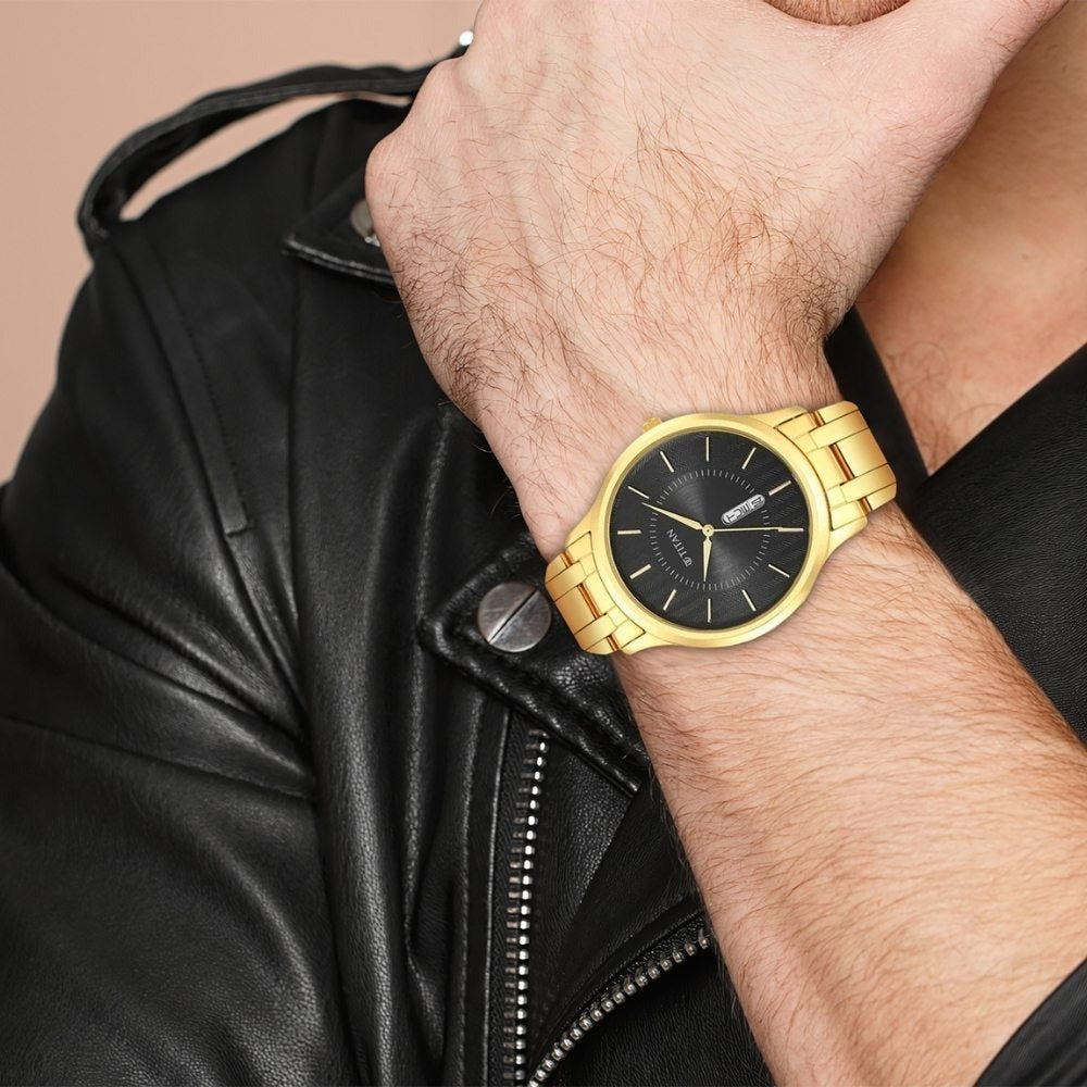 Titan Karishma Quartz Analog with Day and Date Black Dial Golden Stainless Steel Strap Watch For Men - NU1825YM02