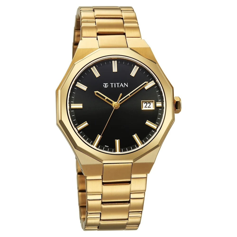 Titan Regalia Dodecagon Quartz Analog with Date Black Dial Golden Stainless Steel Strap Watch For Men - NU90212YM01