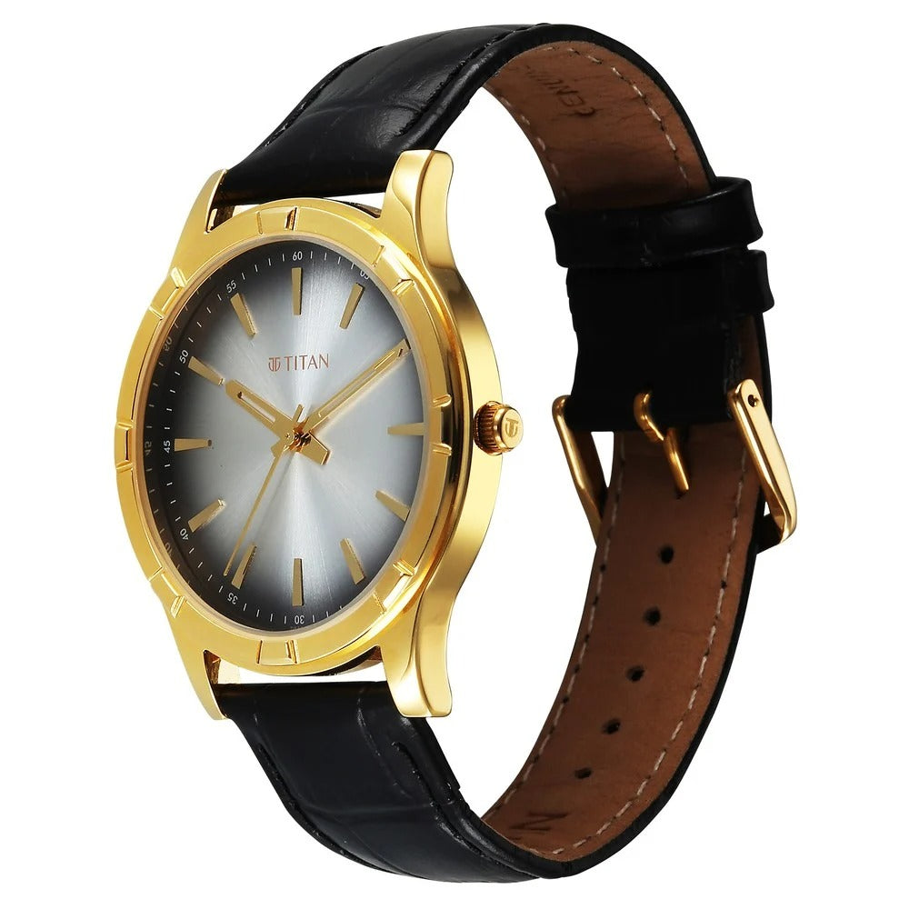 Titan Karishma Festive Analog with Silver Dial Black Leather Strap Watch for Men - 10058YL03
