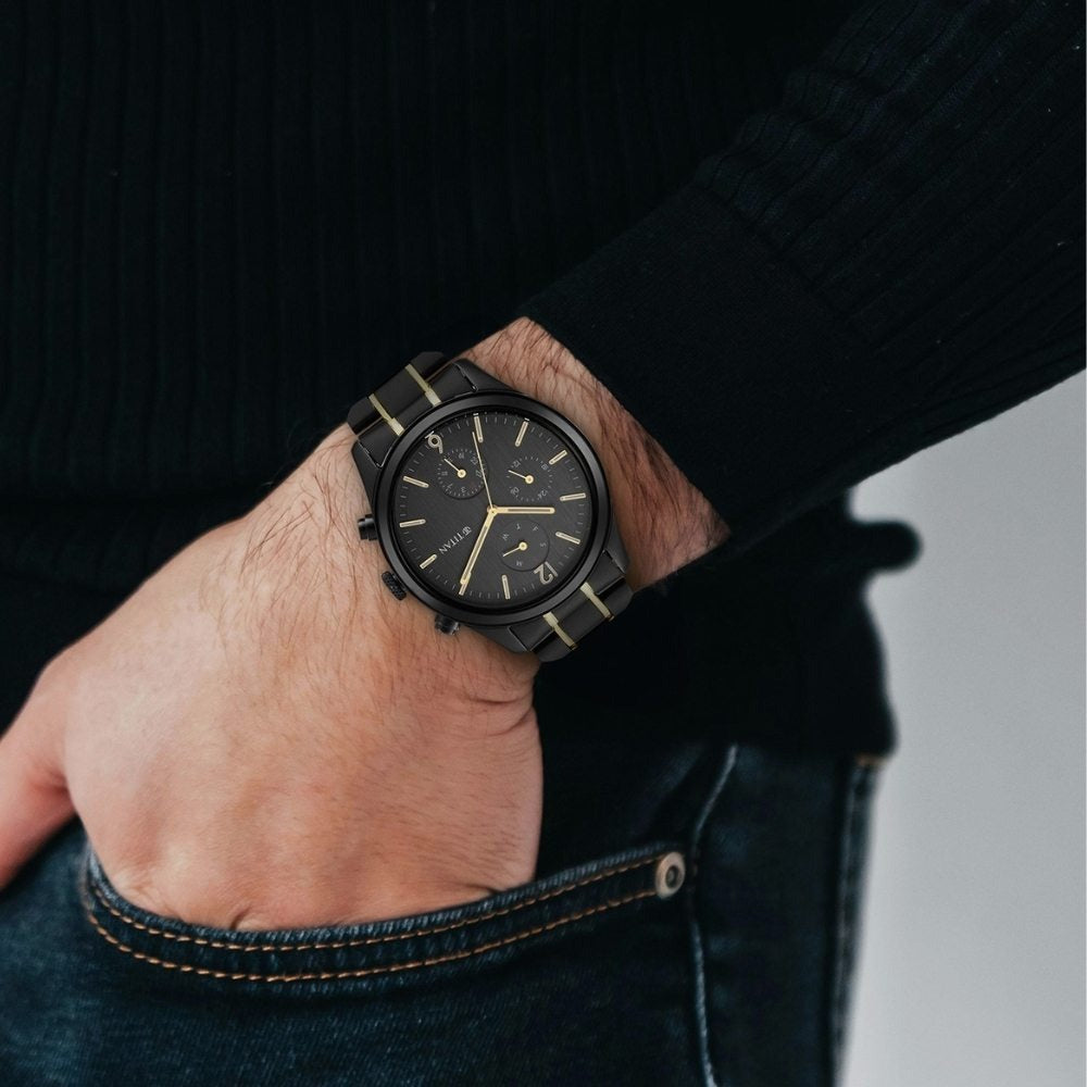 Titan Black and Gold Anthracite Dial Analog Stainless Steel Strap watch for Men - NU1805KM03