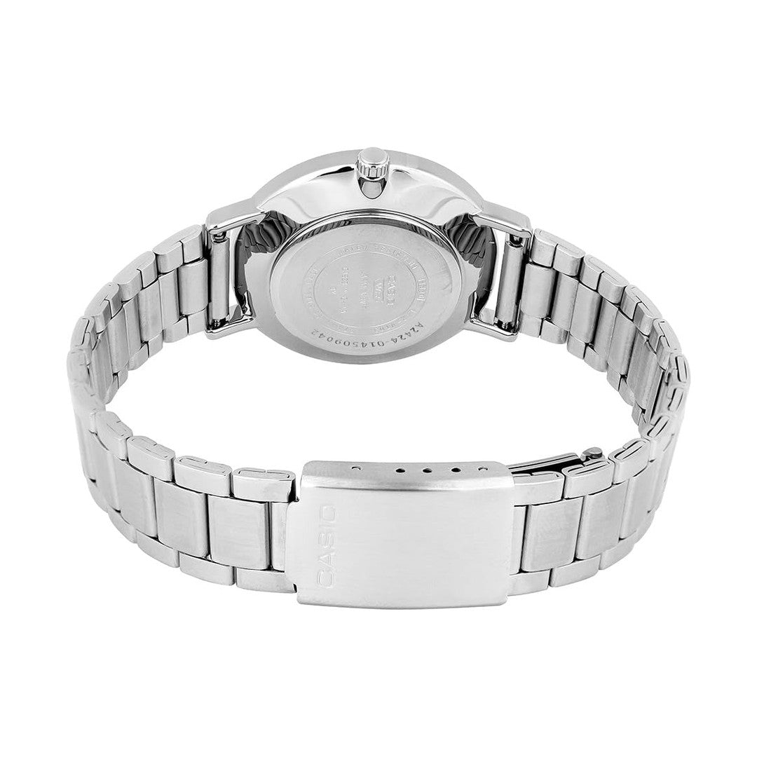 Casio Enticer Silver White Dial Stainless Steel Leather Analog Watch LTP-VT03D-7BDF