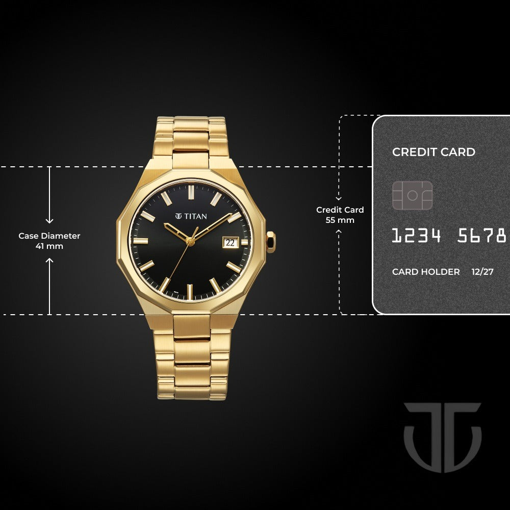 Titan Regalia Dodecagon Quartz Analog with Date Black Dial Golden Stainless Steel Strap Watch For Men - NU90212YM01