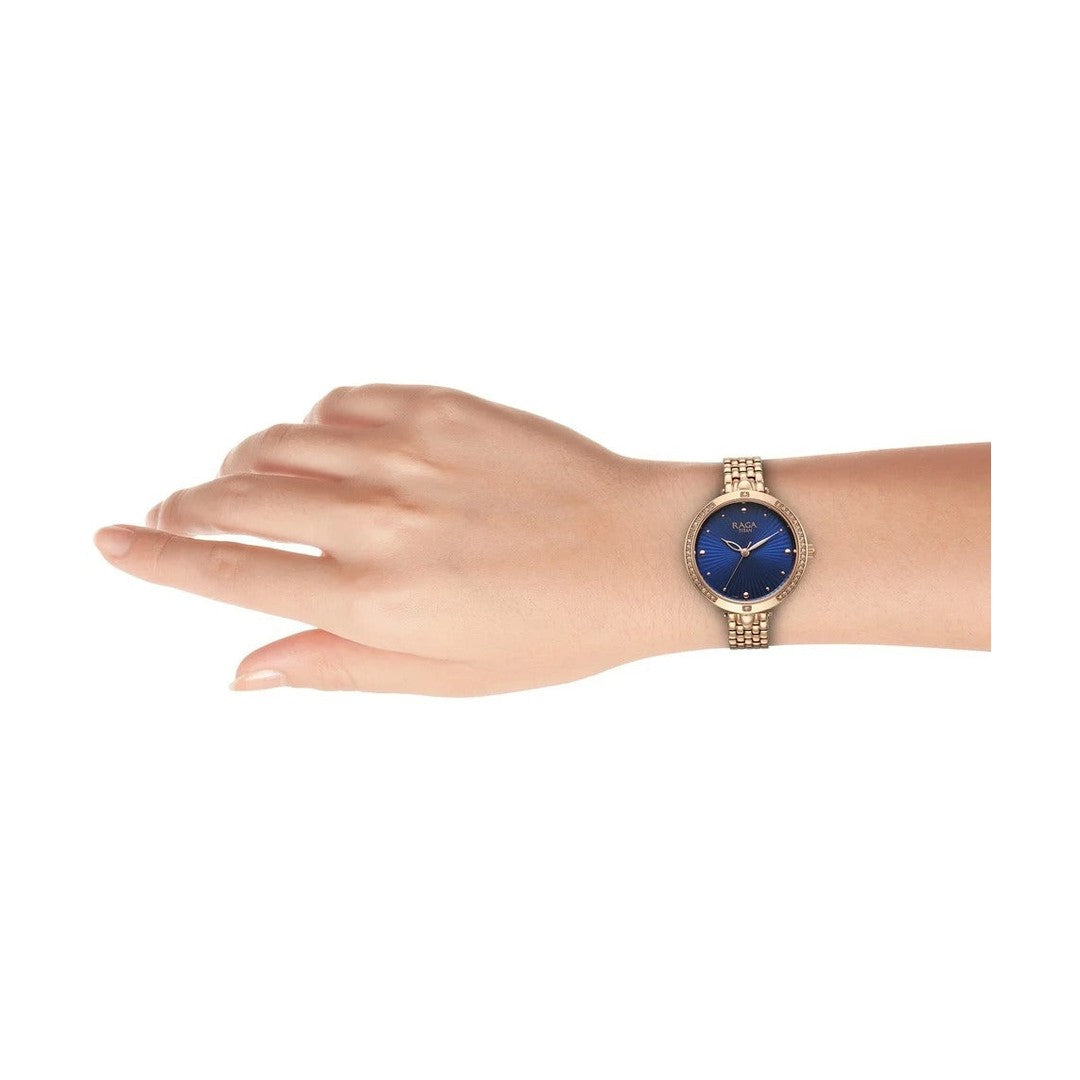 Titan Raga Showstopper Quartz Analog Blue Dial Rose Gold Metal Strap Watch For Women - NU95266WM01