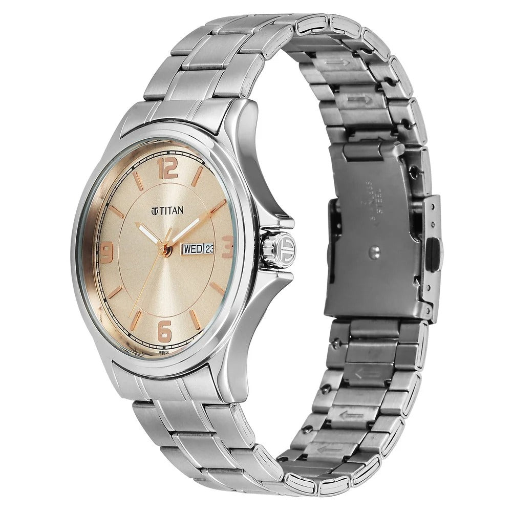 Titan Neo Arabic Analog with Day Date Beige Dial Silver Stainless Steel Strap Watch for Men - 1870SM06