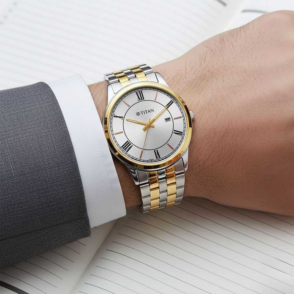 Titan Karishma Festive Analog with Silver Dial Dual Tone Stainless Steel Strap Watch for Men - 10060BM01