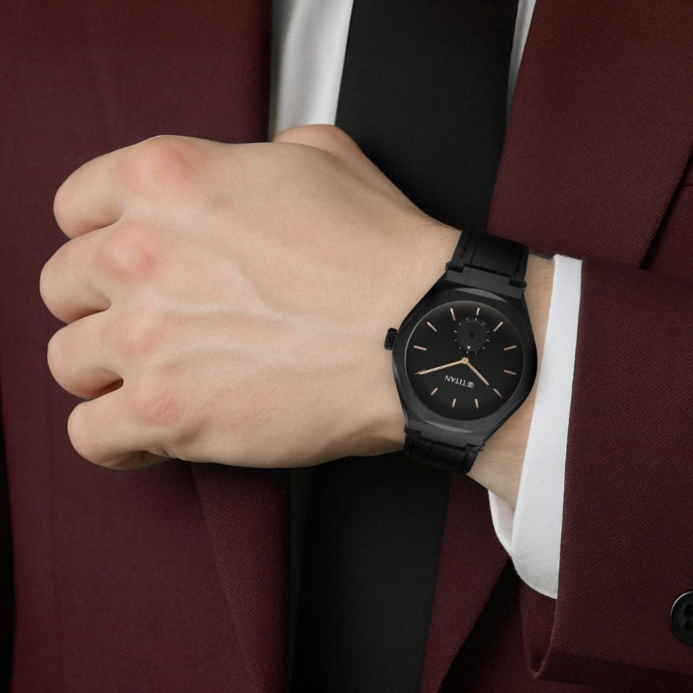Titan Contour Analog with Small Second and Black Dial Black Leather Strap Watch for Men - NU90210NL01