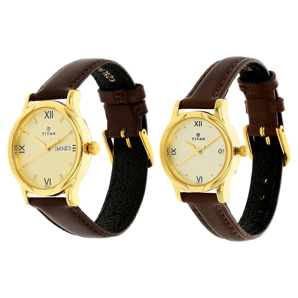 Titan Quartz Analog with Day and Date Champagne Dial Leather Strap Watch for Couple - NU15802490YL05