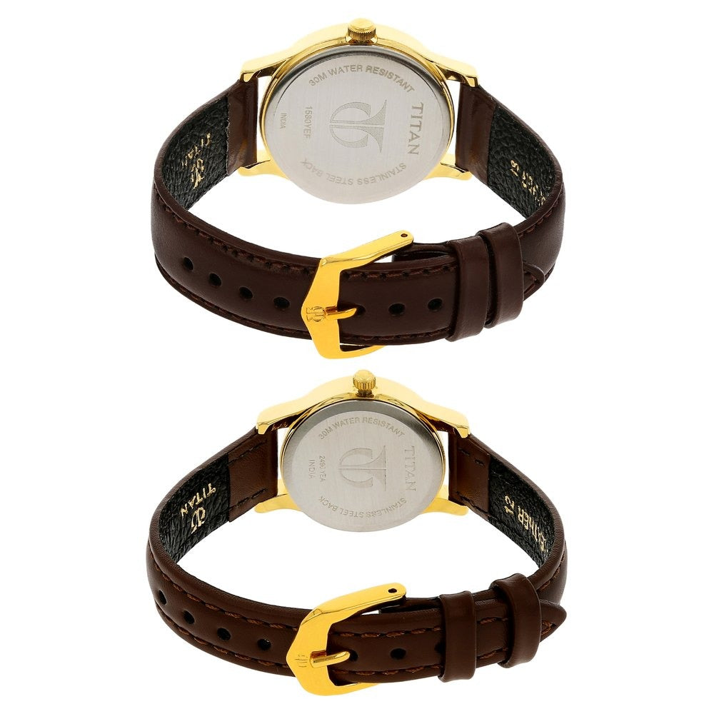 Titan Quartz Analog with Day and Date Champagne Dial Leather Strap Watch for Couple - NU15802490YL05