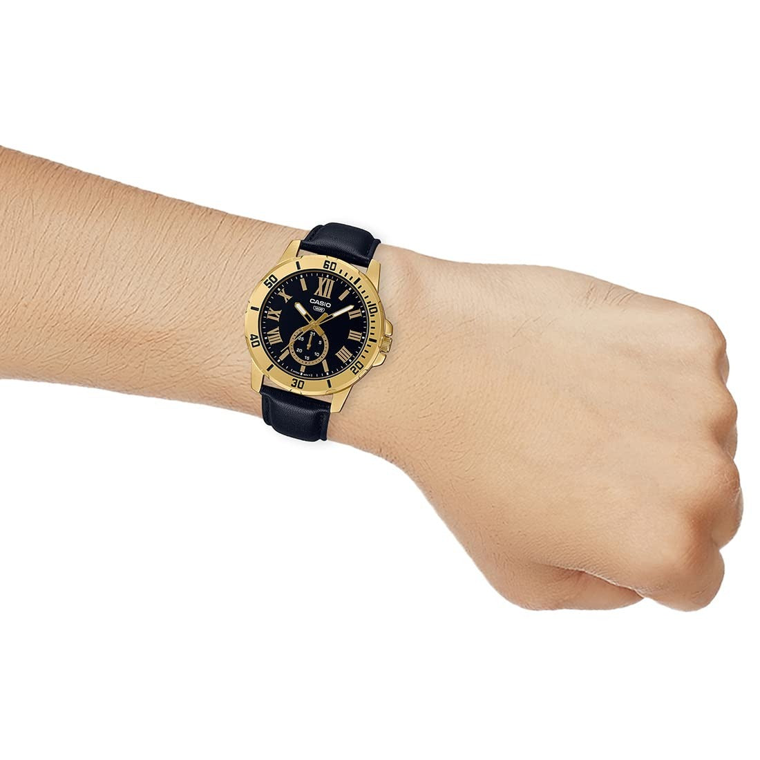 Casio Enticer Analog Black Dial Gold Stainless Steel Case Black Leather Strap Men's Watch MTP-VD200GL-1BUDF (A2074)