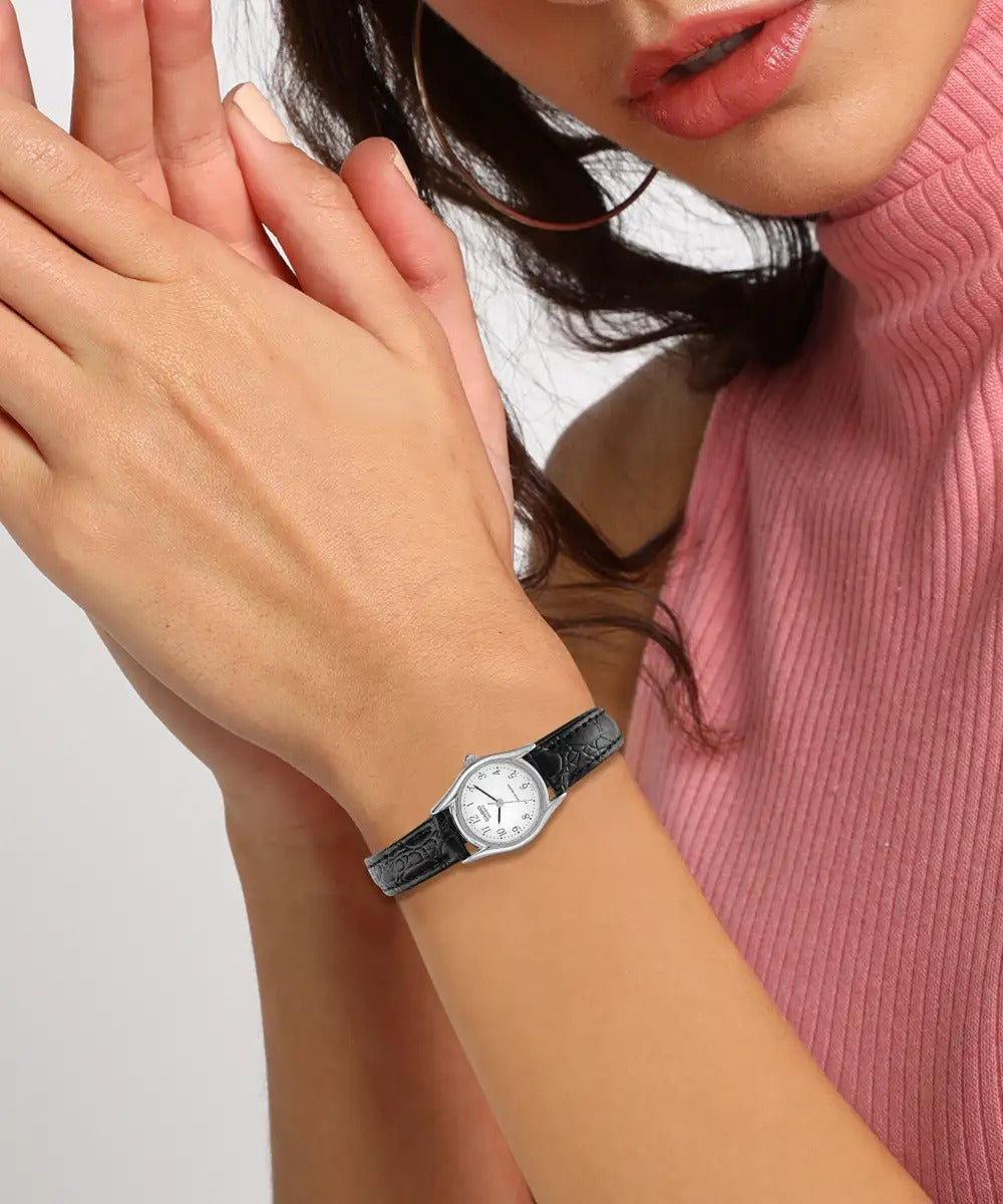 Casio Enticer Analog White Dial Stainless Steel Black Leather Women's Watch LTP-1094E-7BRDF