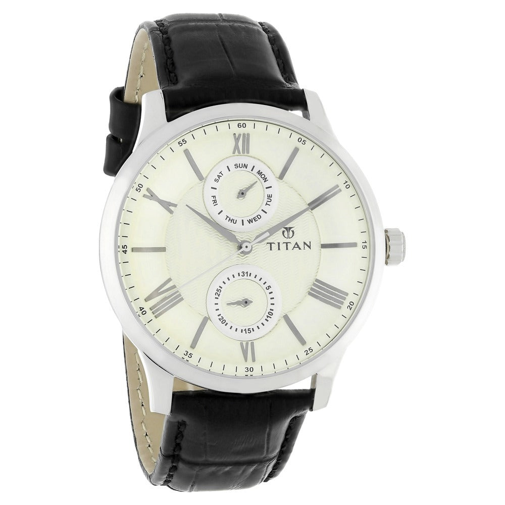 Titan On Trend Silver Dial Quartz Multifunction Leather Strap watch for Men - NM90100SL01