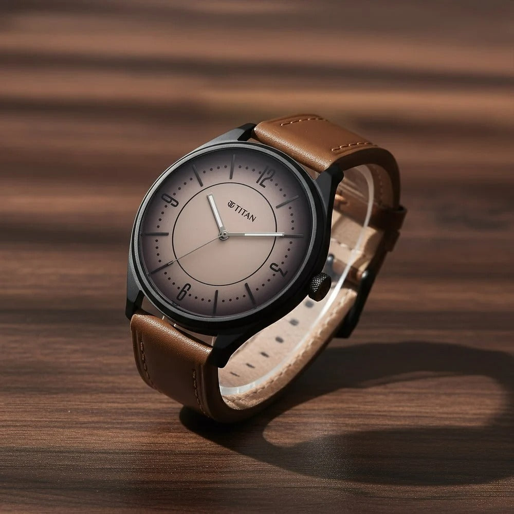 Titan Neo Basics Analog with Beige Dial Brown Leather Strap Watch for Men - 1802NL03
